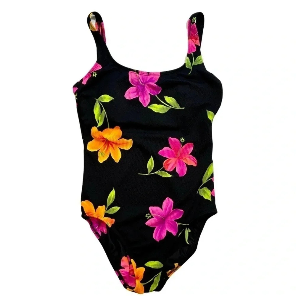 Vintage Black Floral Inches Away Swimsuit Size 12